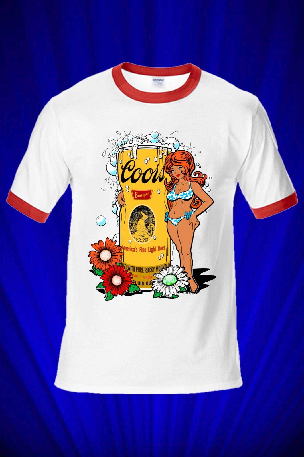 Hippy Beer Girl Vintage RINGER Tee T-SHIRT FREE S&H USA