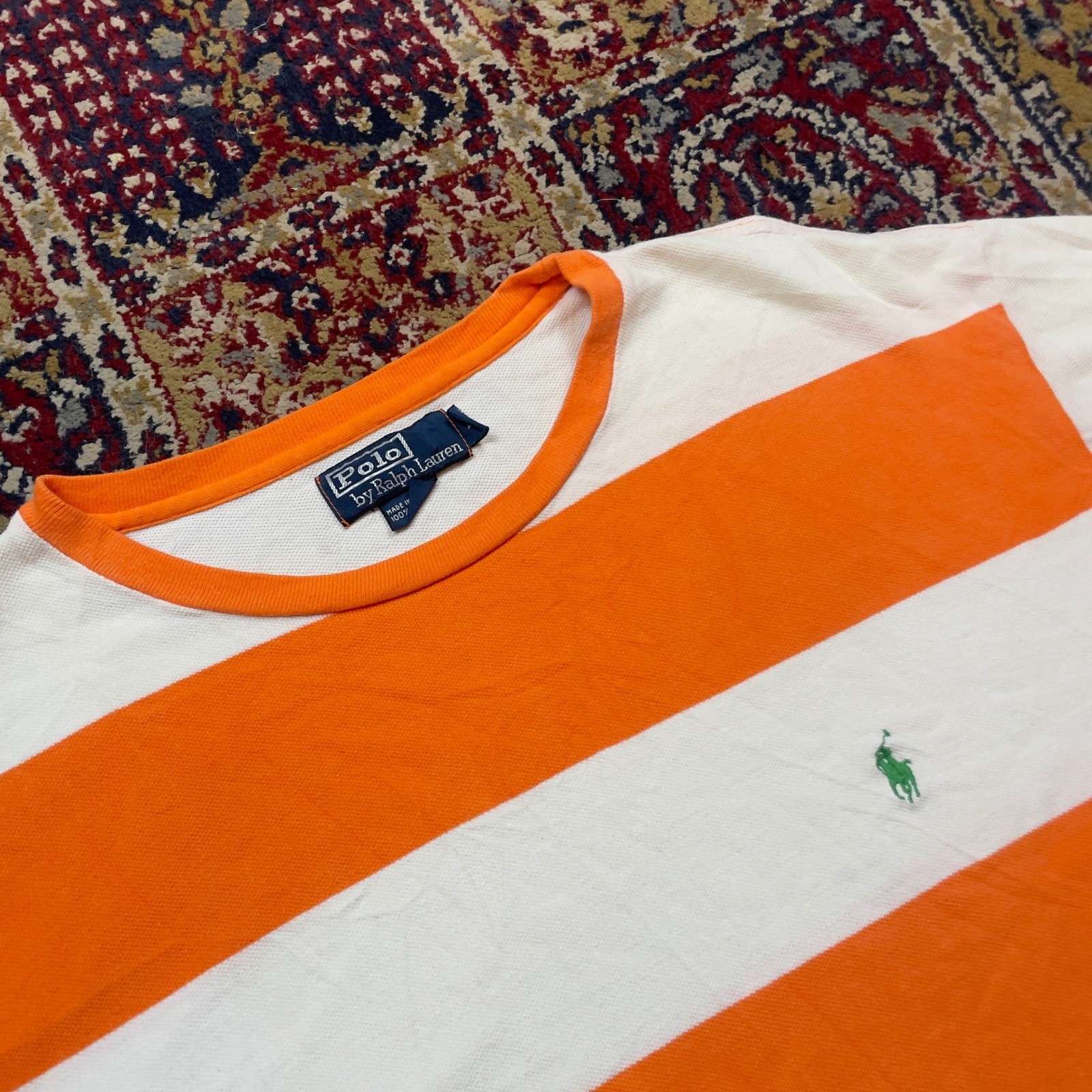 VTG Rare 90s Polo Ralph Lauren Orange White Striped Pique Cotton T-Shirt L Pony gallery