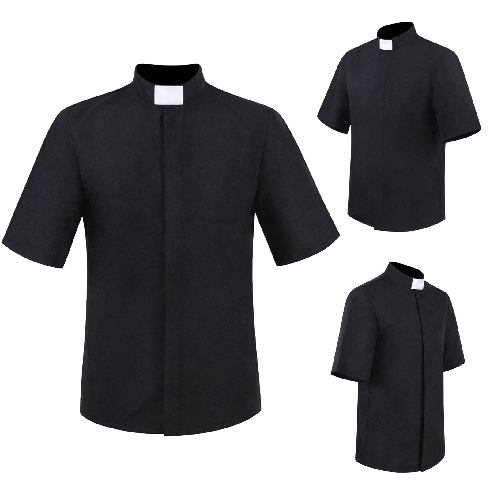 US Men's Priest Clergy Shirt Short Sleeves Stand Collar for Pastor Preacher Tops gallery