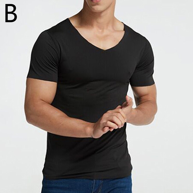 1PC Men Breathable Solid Color V Neck Tops Tees Ice Silk Tshirts Seamless M-5XL gallery