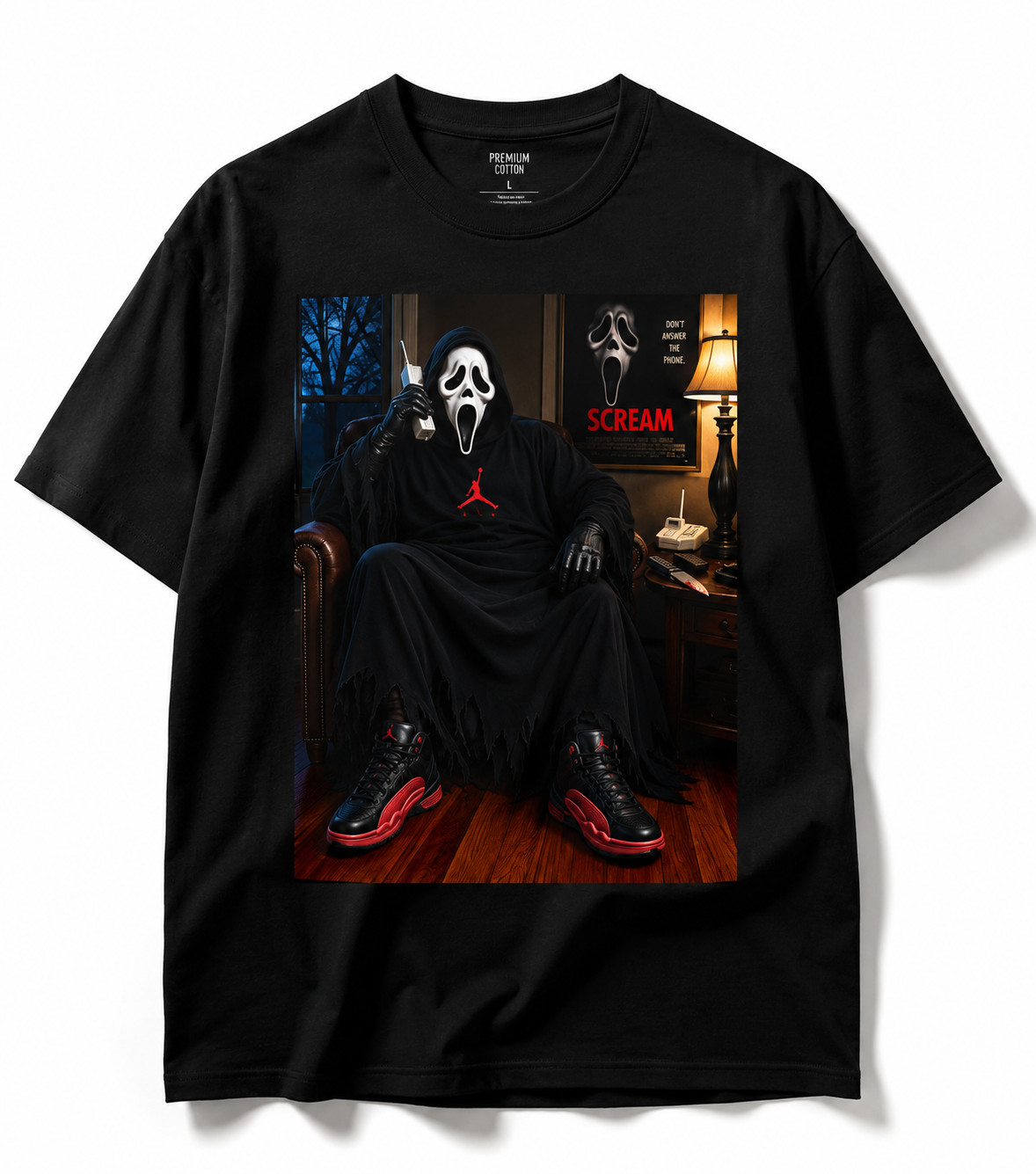 Ghostface Character Sitting Illustration T-Shirt | Horror Movie Tee gallery