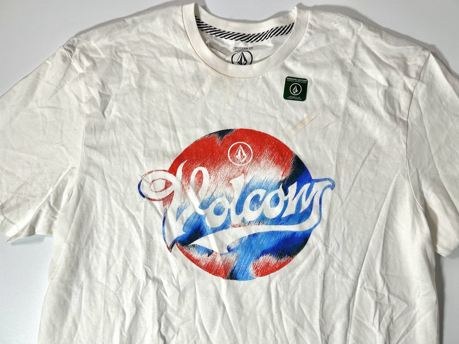 (See Pics) L Volcom Electrode Circle Logo White Red Blue Surf Shirt gallery