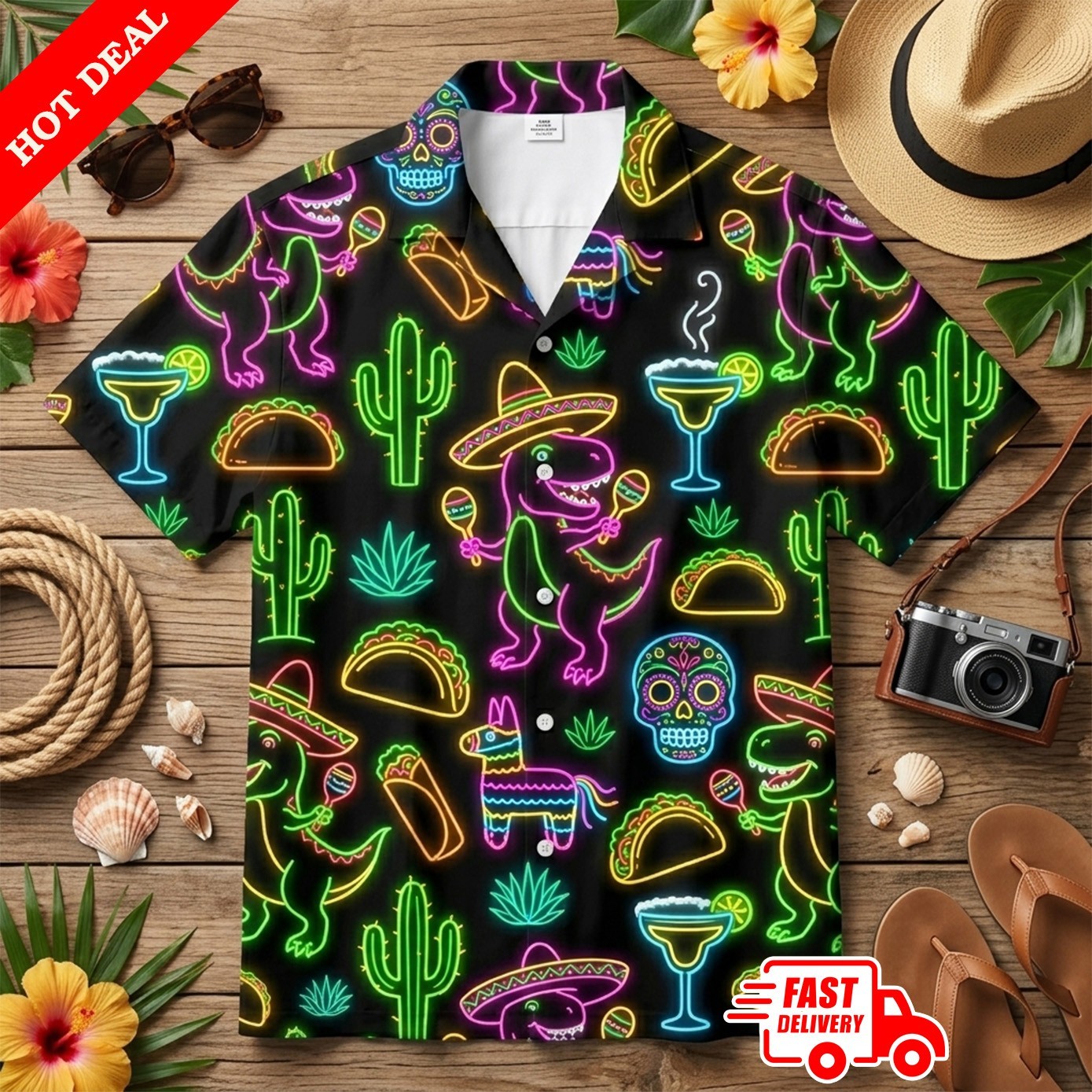 Mens Neon Dinosaur T-Rex Stegosaurus Hawaiian Shirt Aloha Button Down Black Top gallery