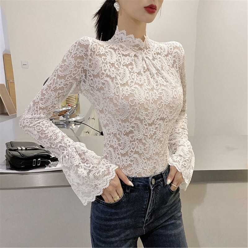 Women Long Sleeves Blouse Turtleneck T-shirt Stretch Lace Bottoming Tops gallery