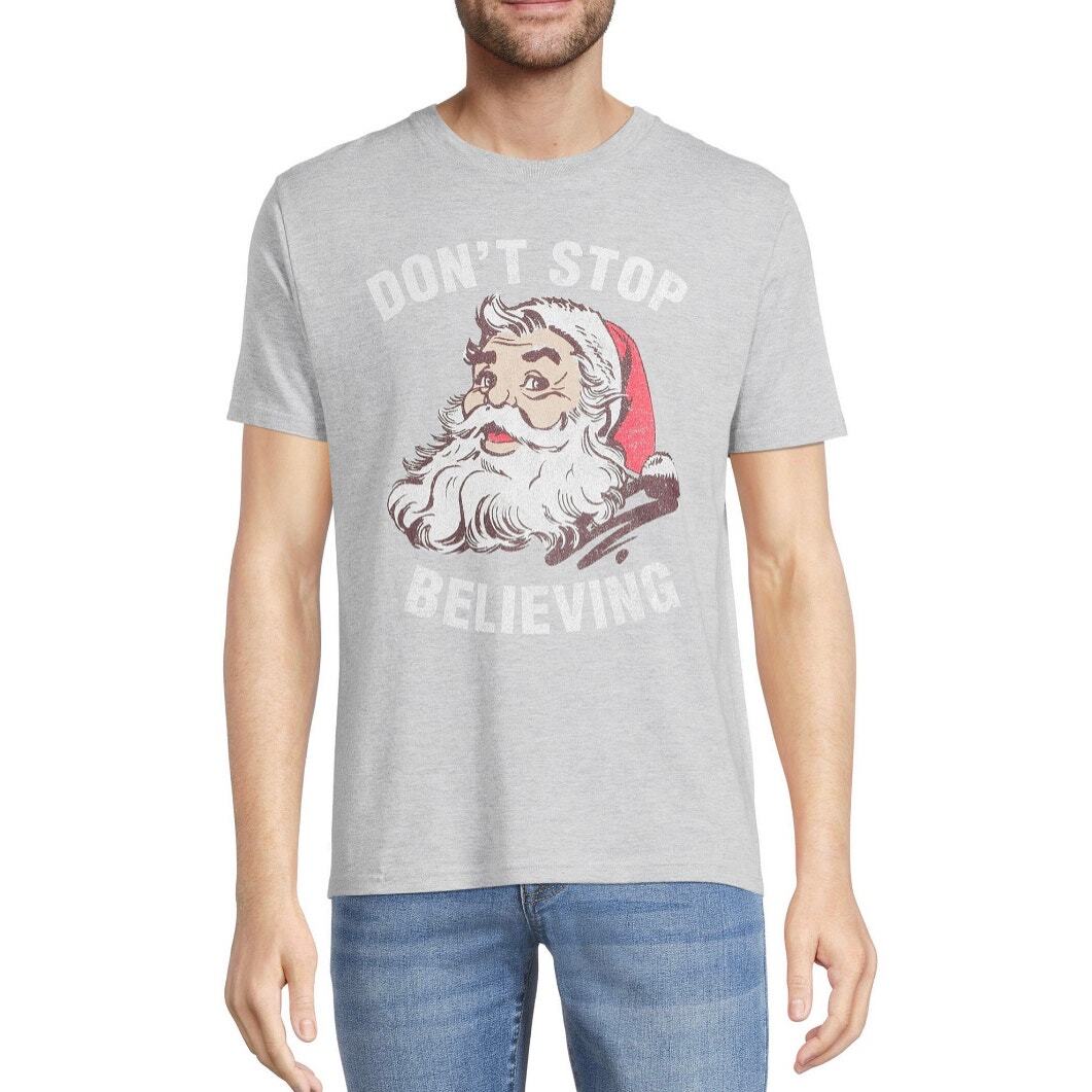 Holiday Time Men's Santa Don’t Stop believing Graphic Tee Light Grey classic top gallery