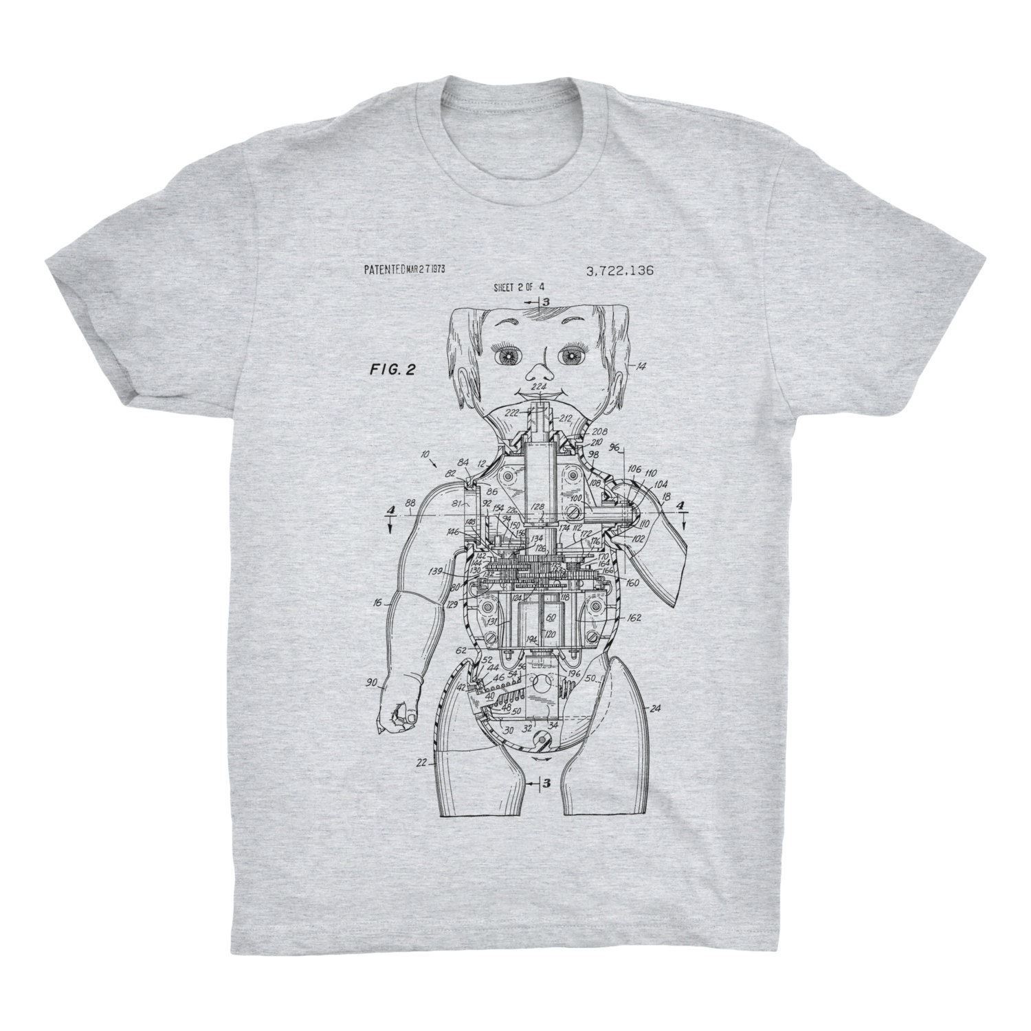 Mechanical Doll Patent Art Tee. Classic Toy Tee Shirt. Black, White or Gray NEW