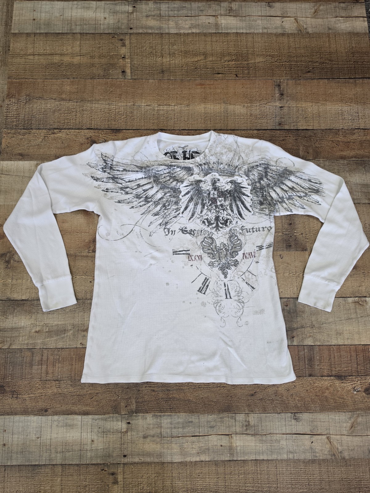 Vtg Y2k White Thermal Longsleeve Sz L Minor Flaws Embroidered Double Sided