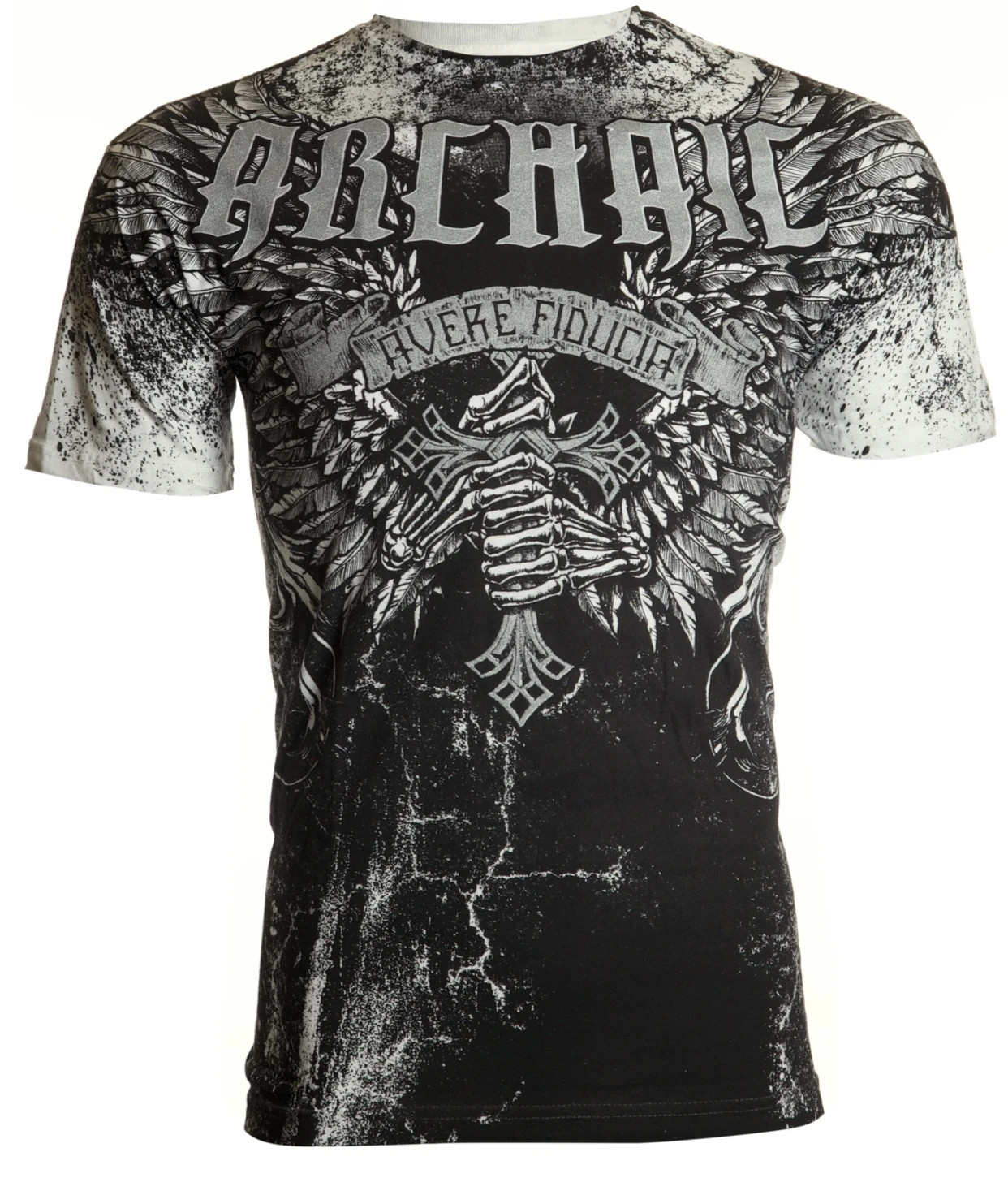 Archaic By Affliction Men’s T-Shirt HOLYMAN Black Cross Skull Biker M-3XL