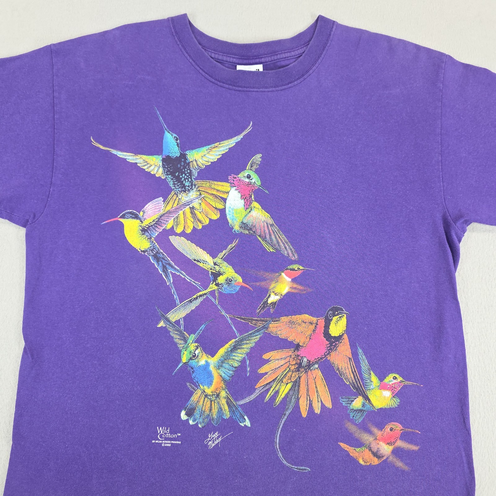 Vintage Hummingbird Shirt Mens Medium Purple Double Sided Wild Cotton Floral Art gallery