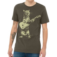 Cat playing guitar, men’s heather navy premium quality tee t shirt