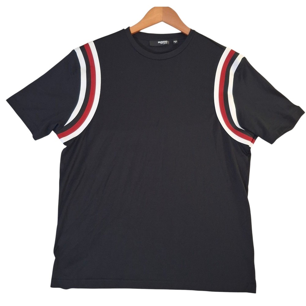 Murano Liquid Luxury Men’s Medium Slim Fit Black T-Shirt Red White Stripe Trim