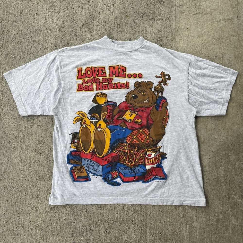 Vintage 90s Love Me Love My Bad Habits Bear Graphic Dad Joke T Shirt Mens XL