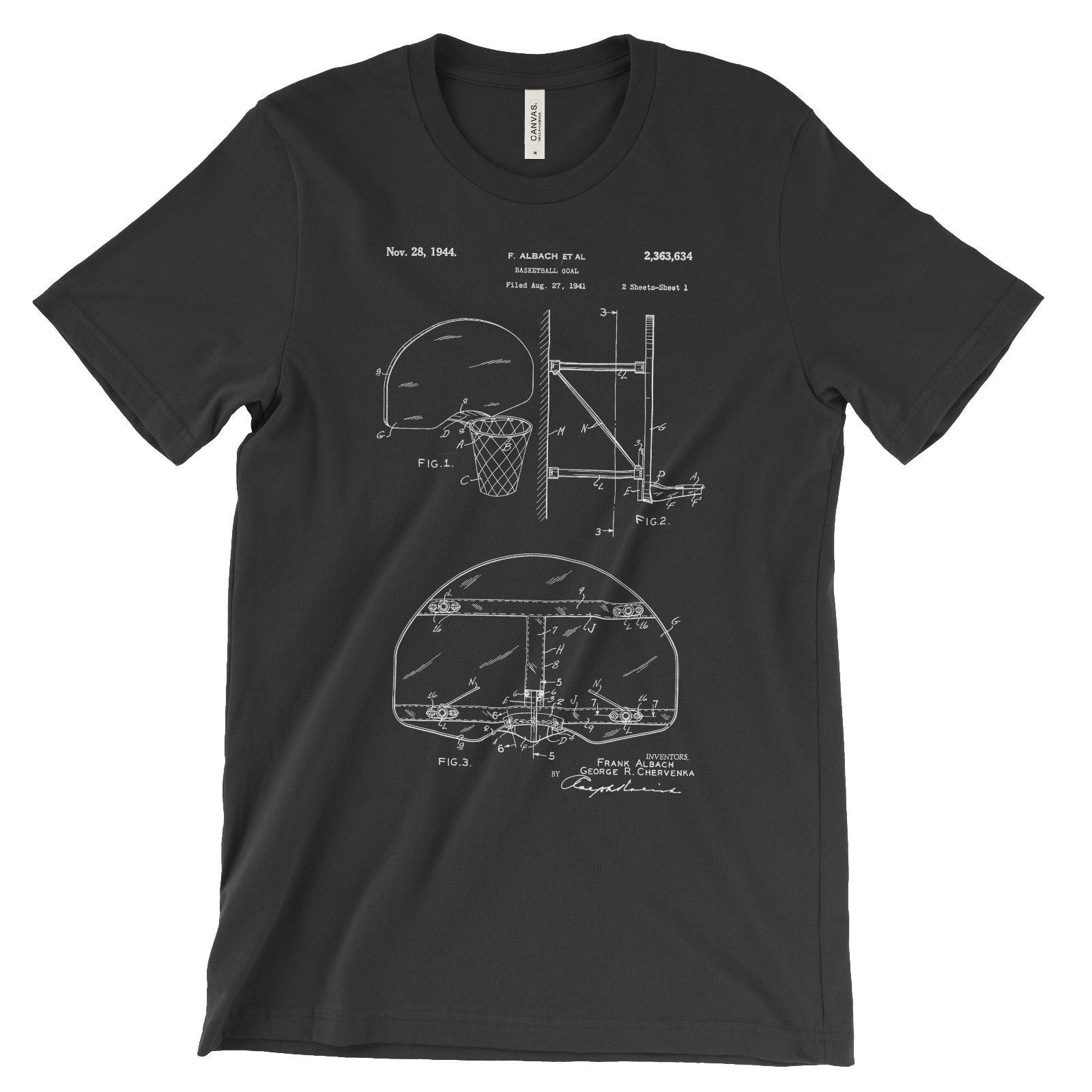 Basketball Hoop Patent T-Shirt.100% Cotton Comfy Tee on Black White or Gray. NEW