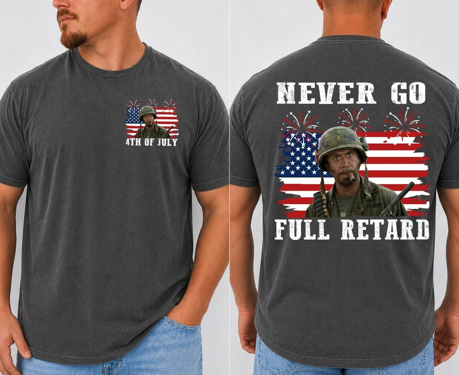 Funny Never Go Full Ret@rd 4th Of July Shirt, Vintage Tropic Thunder T-Shirt gallery