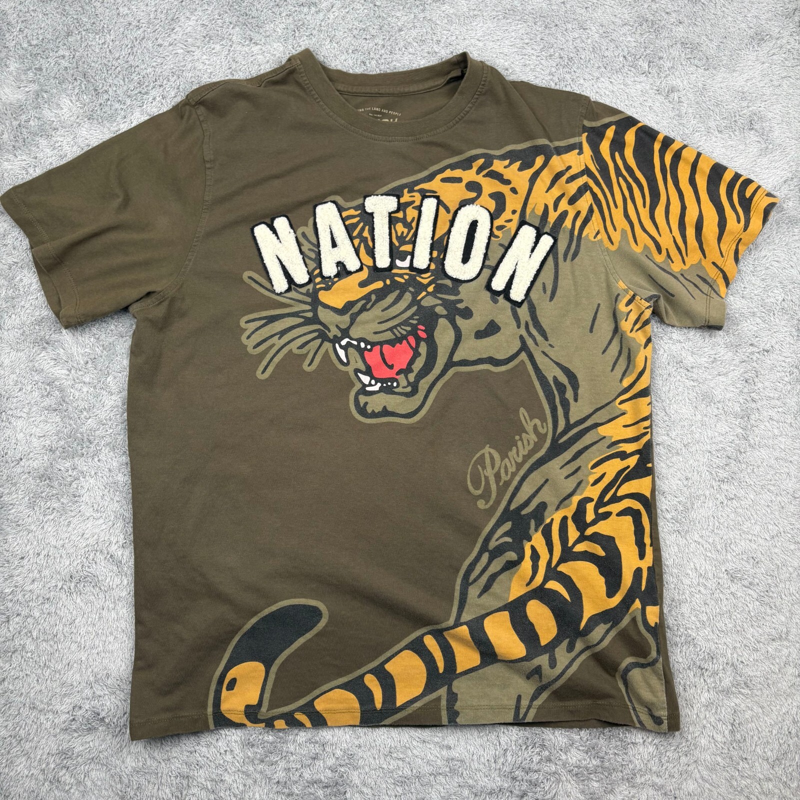 Parish Nation T Shirt Mens Large Brown Tiger Print Y2K Rare Graphic AOP Pullover