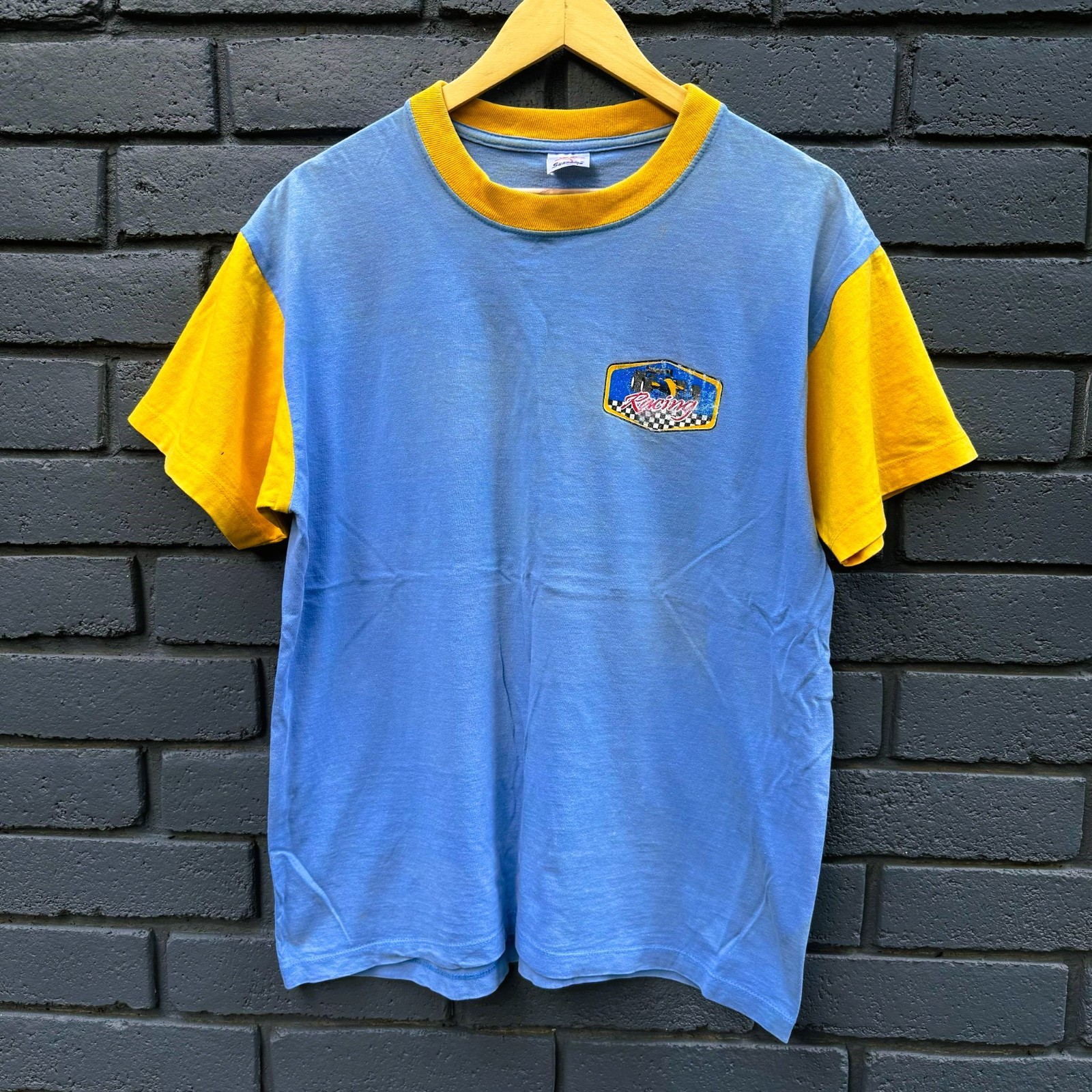 VTG Sunshine T shirt Racing Graphic Print Colorblock Blue Yellow L Short Sleeves gallery