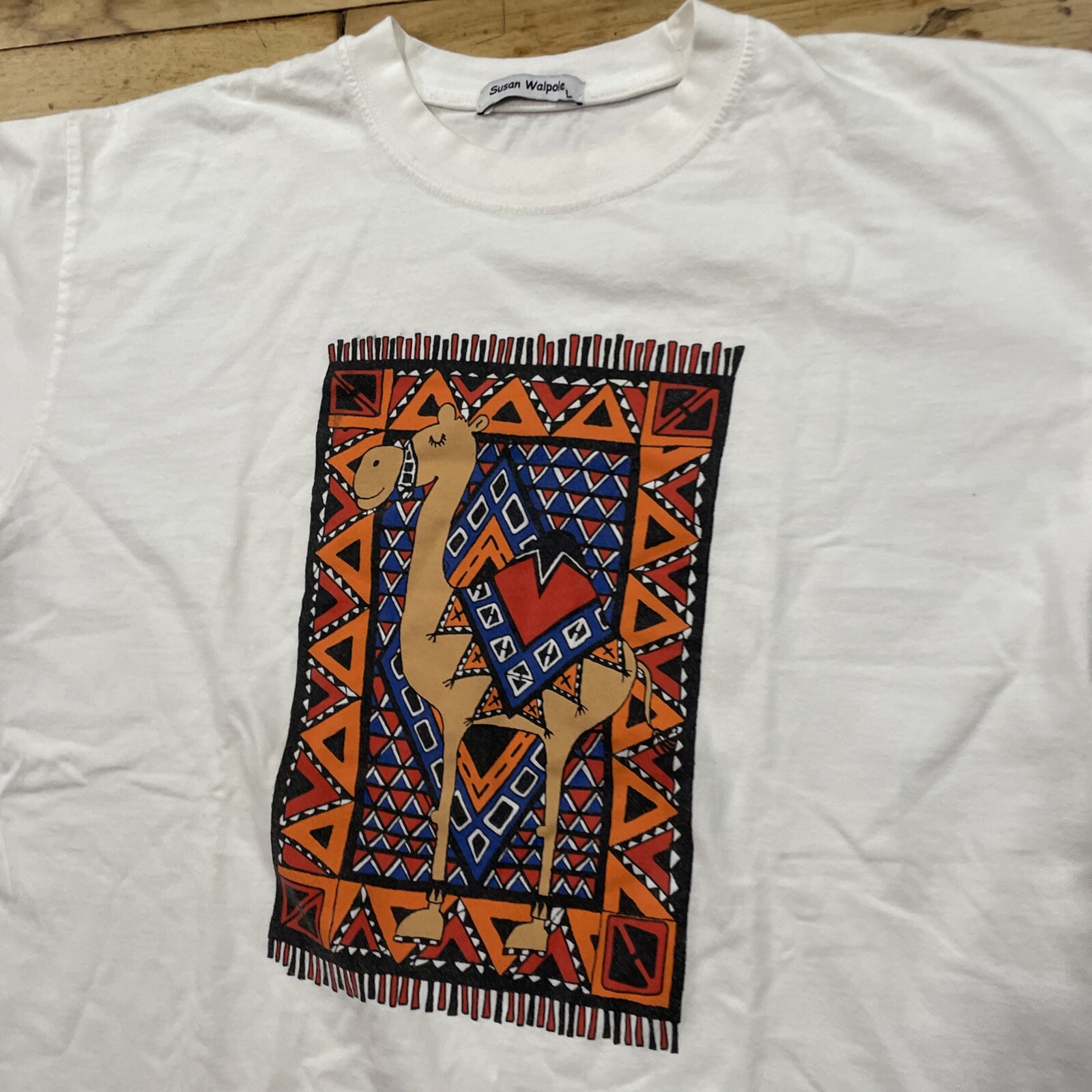 Susan Walpole Shirt Adult L Crop Art Camel Rug Geometric Graphic White Orange gallery