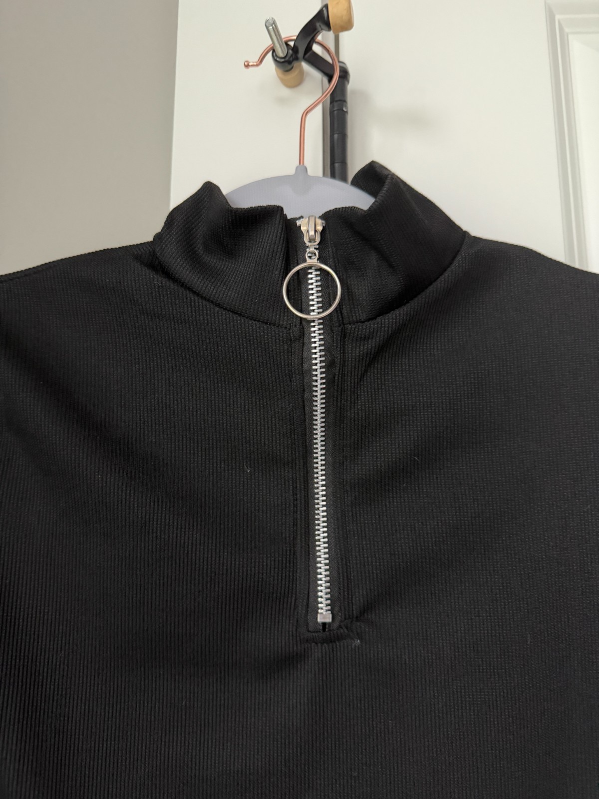 Black Mock Neck Quarter Zip Top Silver Zipper Slim Fit Long Sleeve Pullover gallery