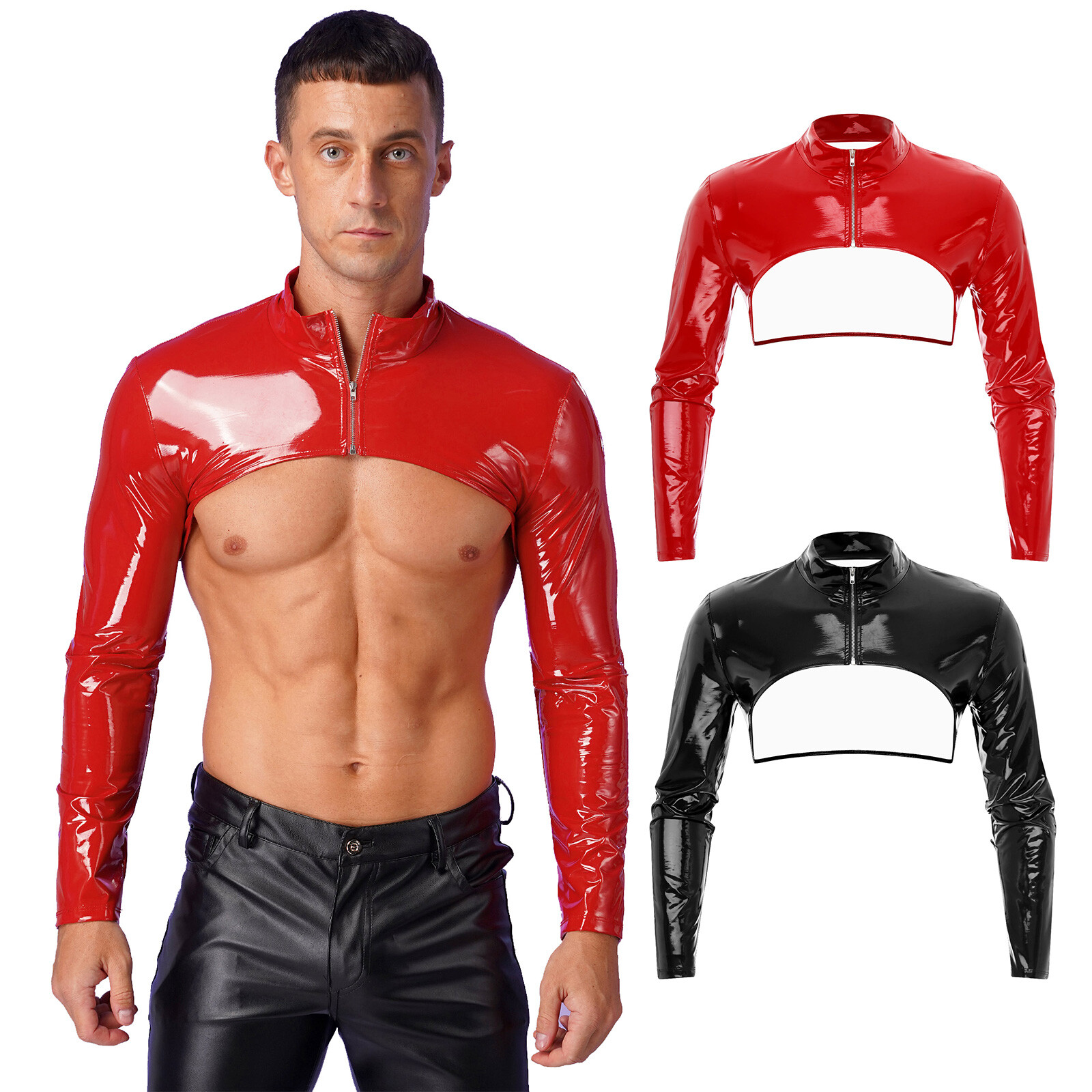 Mens Long Sleeve Supershort Shirts PVC Leather Shiny Crop Top Wet Look Clubwear gallery