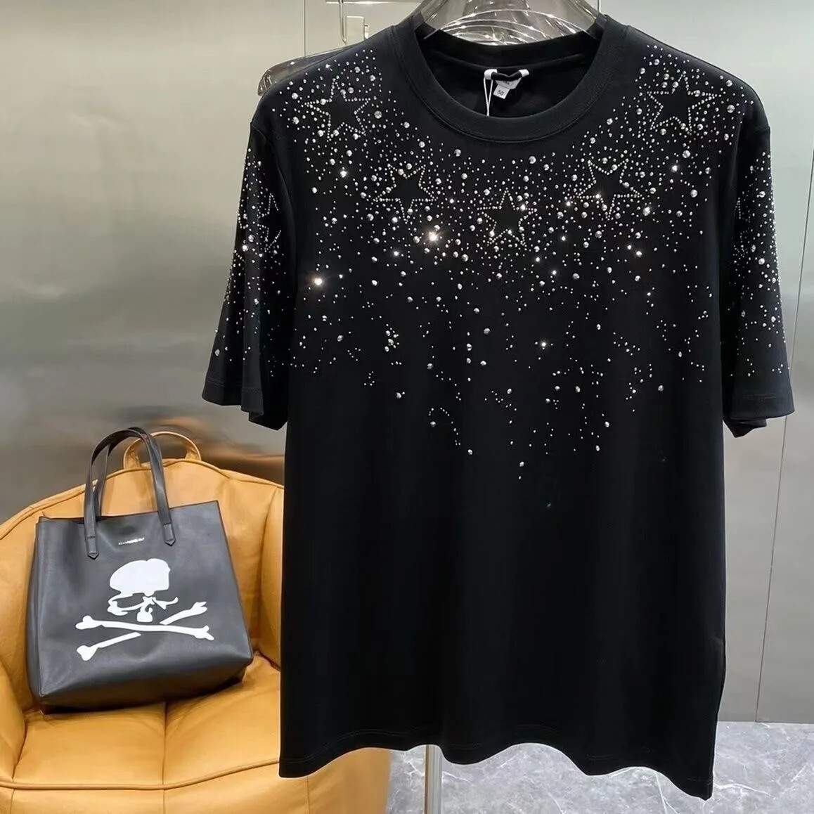 New Men Luxury Diamond Star Rhinestones Fashion Black White T-Shirt High Quality gallery