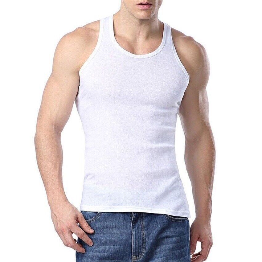 Men Tank Top 100%Cotton Ribbed White A-Shirt Wife Beater Undershirts Size:S-4XL gallery