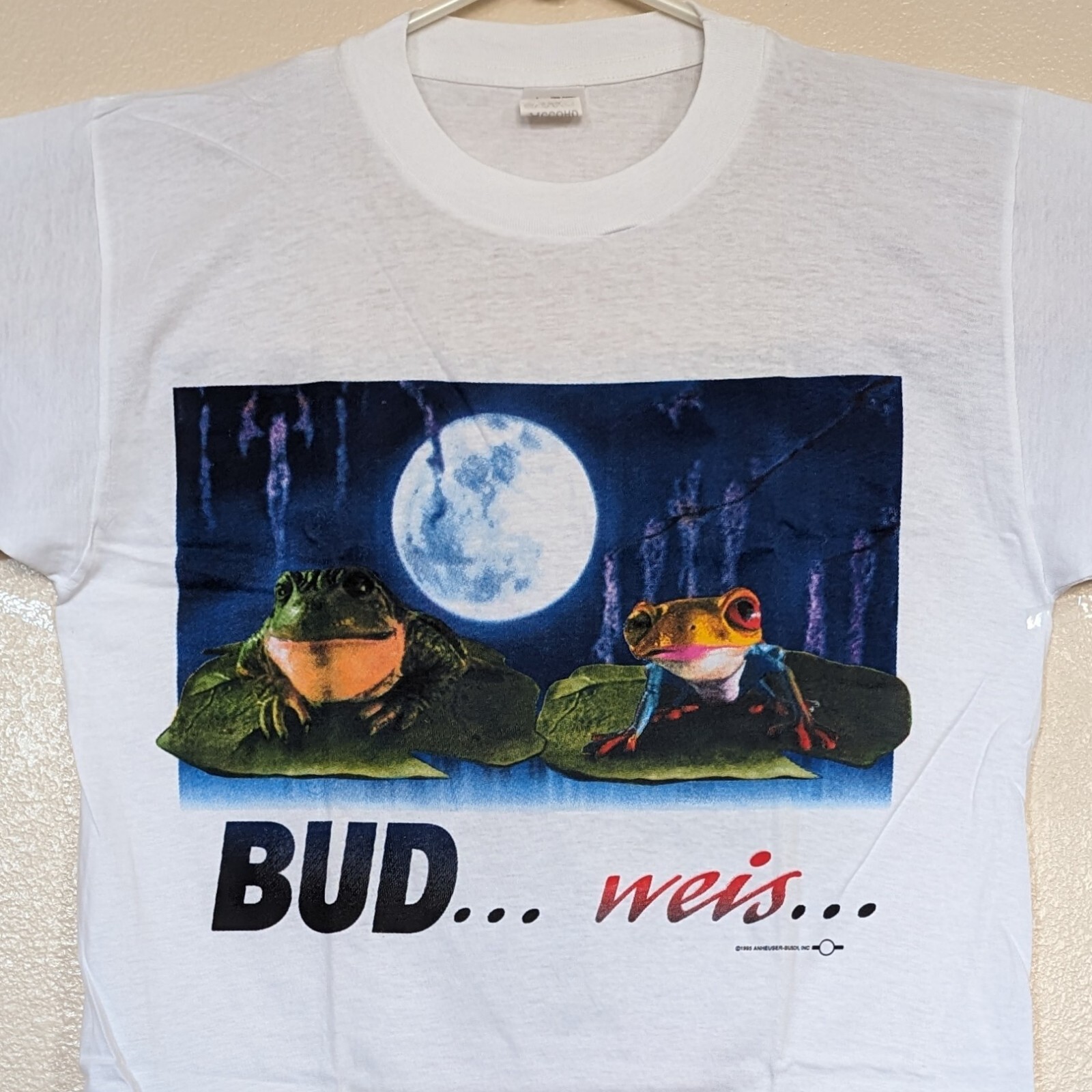 Vintage Budweiser Girl Boy Frogs Moon XL T-Shirt Bud Weis Er Er Er Beer 1995 NOS gallery