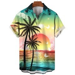 Mens Button Down Pink Neon Sunset Palm Tree Hawaiian Top Novelty Summer Shirt