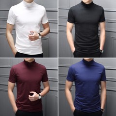 Mens High Neck T Shirt Stretch Turtle Casual Short Sleeve Slim Top