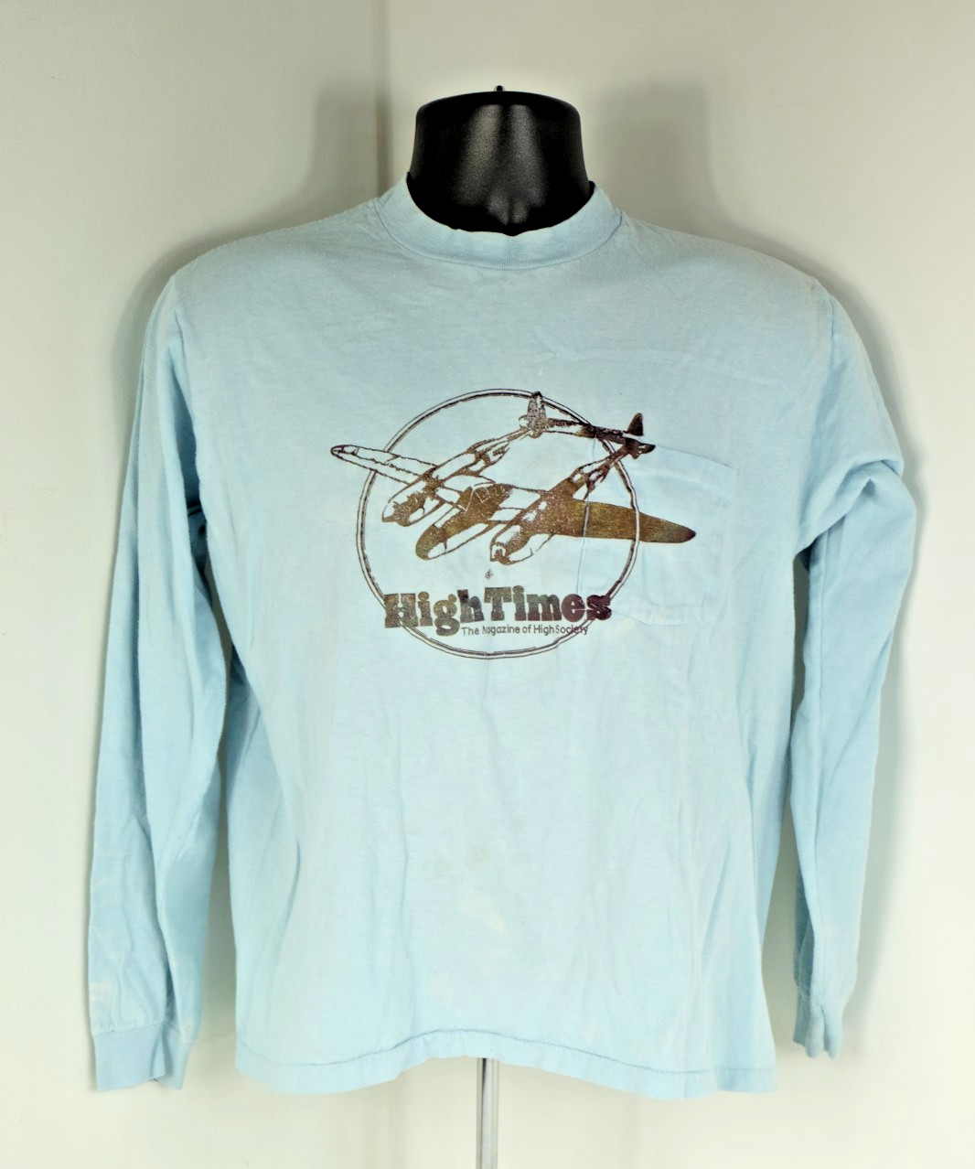 HIGH TIMES Shirt Original 1970’s Longsleeve Shirt w/ Pocket Blue Size Large