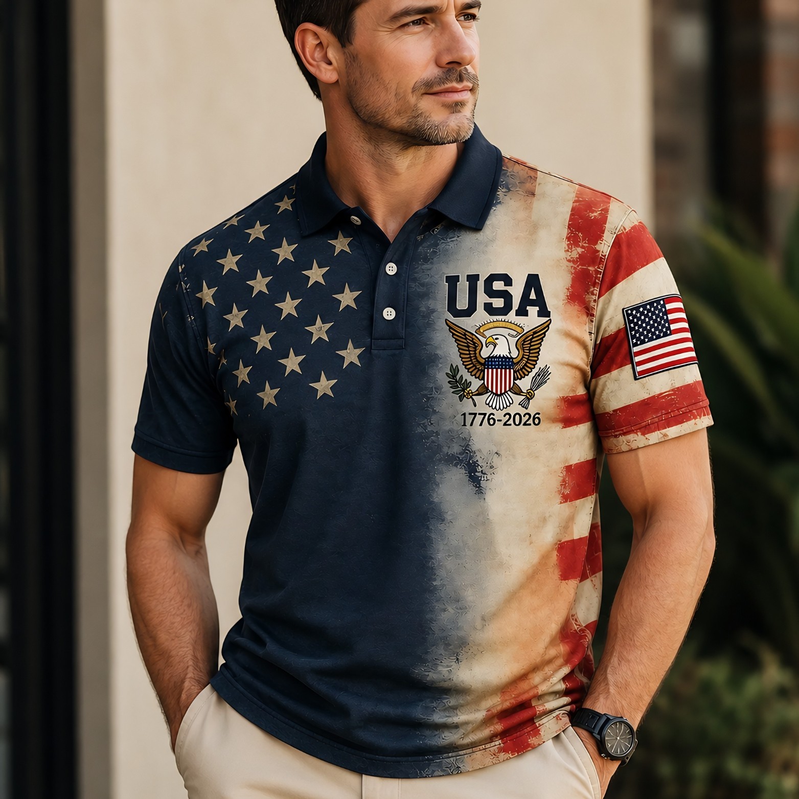 Vintage USA Polo Shirt, America 250th Anniversary 1776-2026 Distressed F (S-5XL) gallery