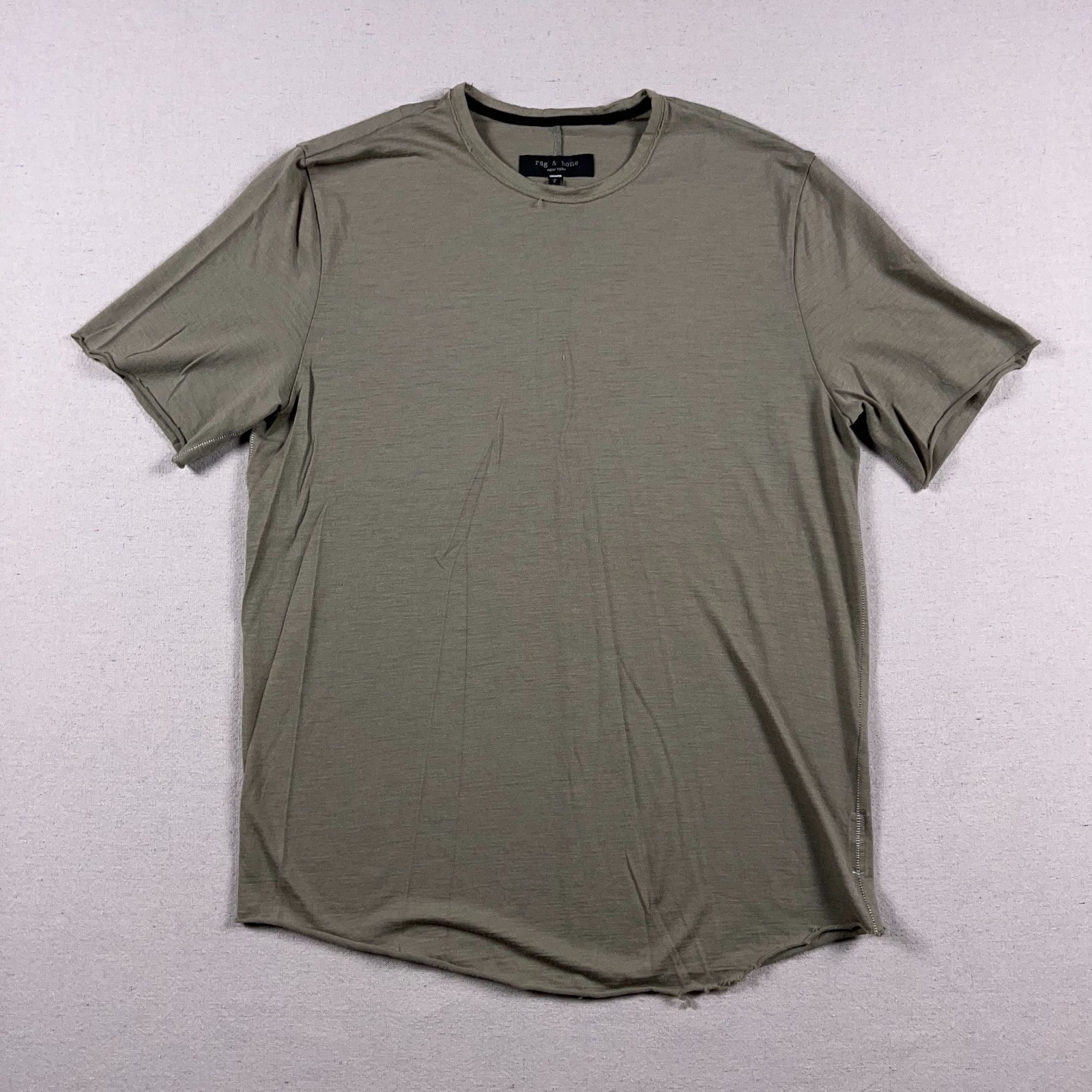 Rag & Bone T Shirt Mens Large 0 Wool Olive Green Raw Hems