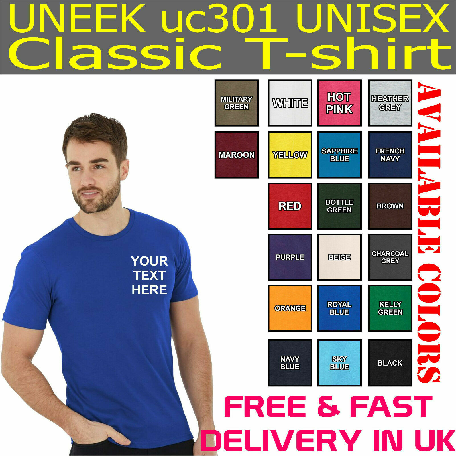 Personalised Printed Uneek UC301 Unisex Classic T-shirt Your Text Print Tee Top gallery