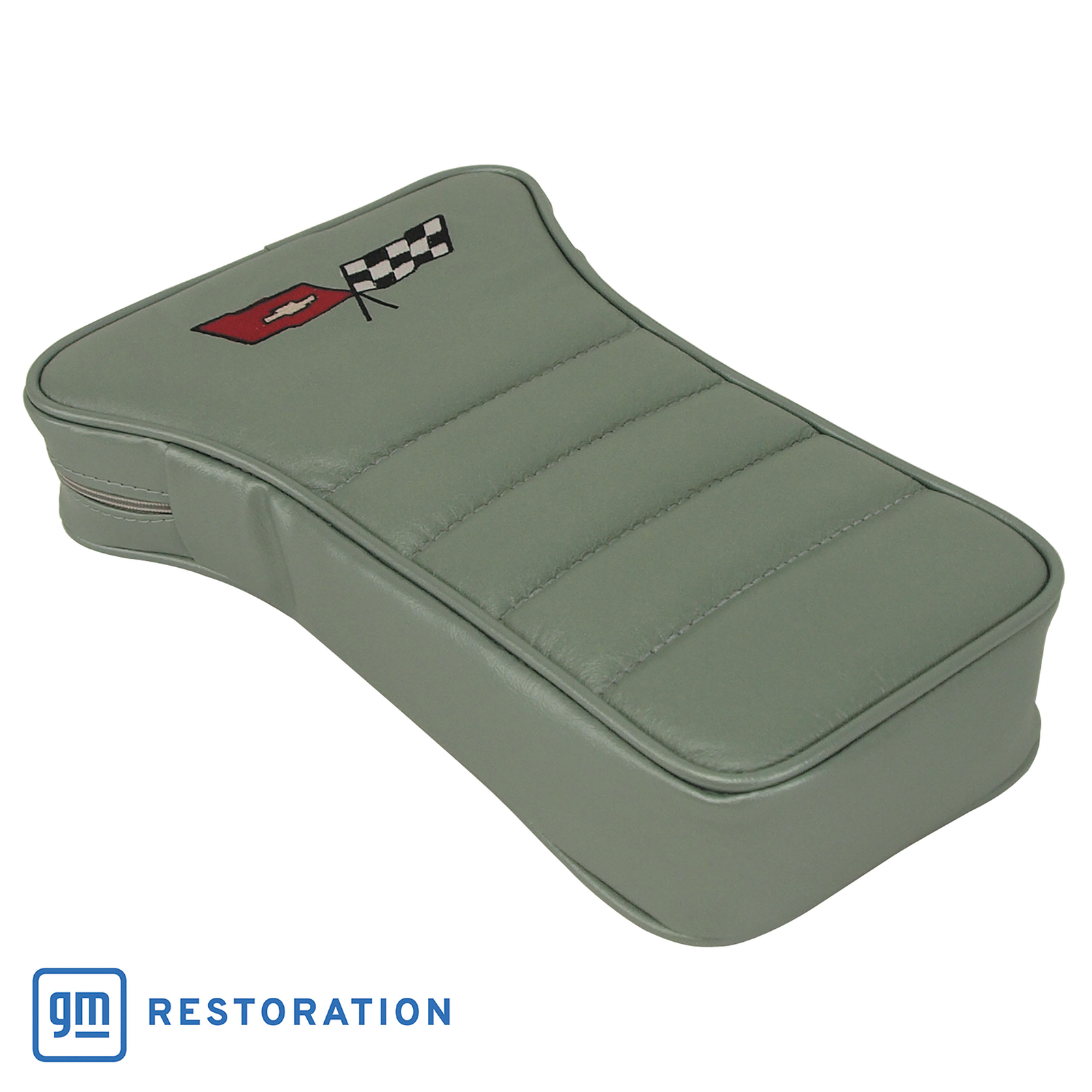 Center Armrest With Embroidered C3 Cross Flags – Silvergreen – 1982 C3 Corvette