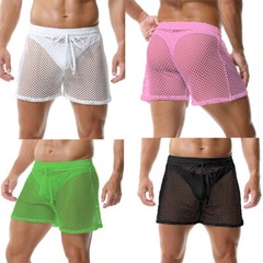 Men 2 Piece Set Fishnet Crop Tops Mesh See-Through Vests Undershirts With Shorts