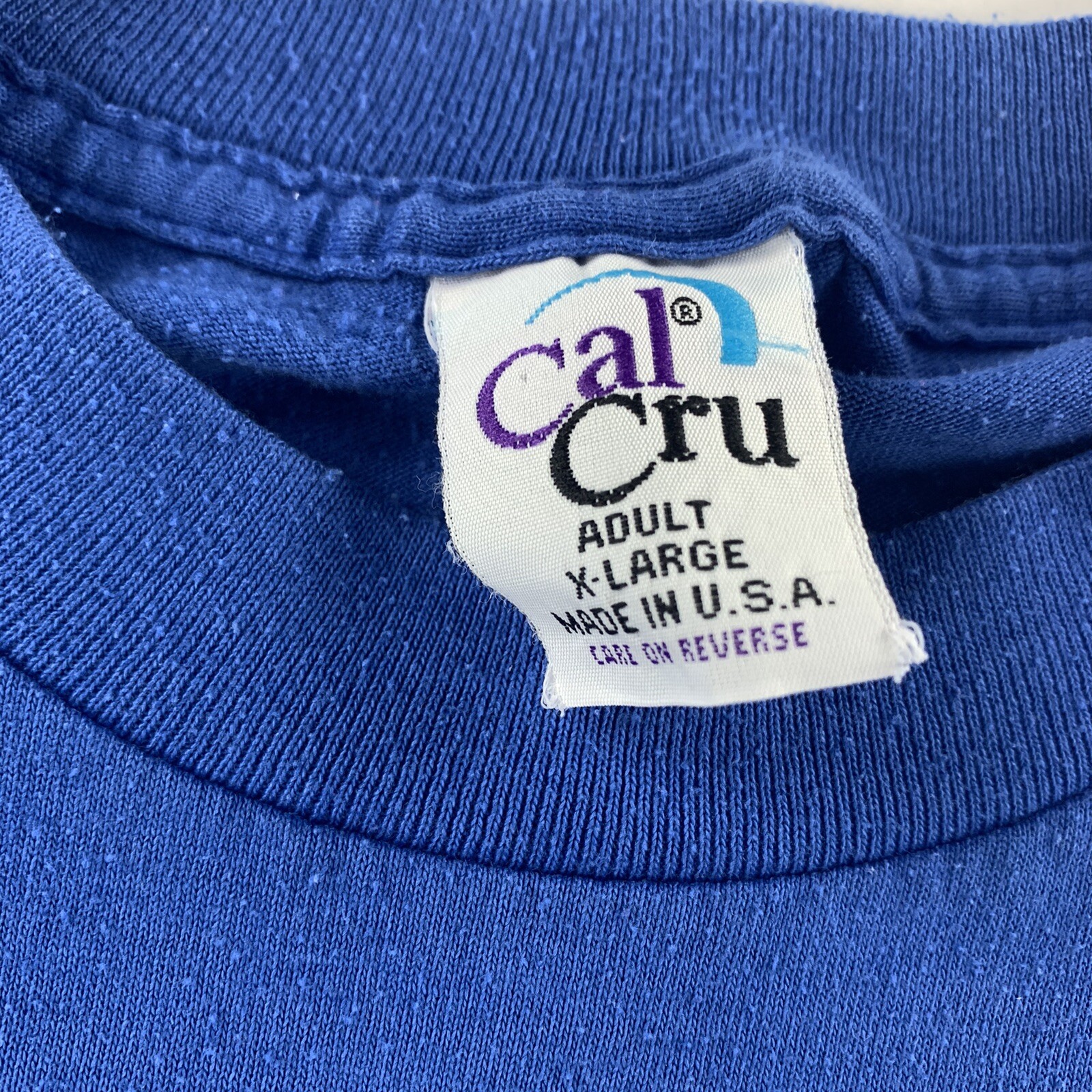 Vintage 90s Cal Cru Single Stitch Blank Blue T Shirt XL Made In USA 50/50 gallery