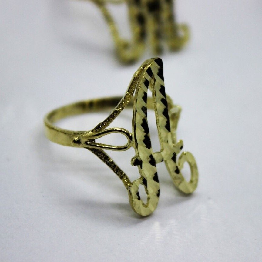 10k Solid Yellow Gold Cursive Initial Letter Ring Diamond Cut Medium Size 6 ~ 11
