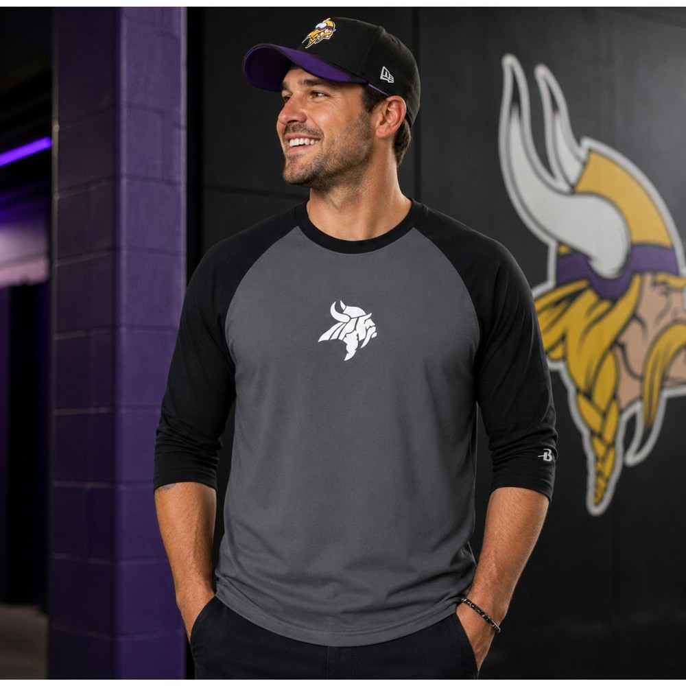 Badger Sport Minnesota Vikings 3/4 Sleeve Shirt Mens Medium Gray Black Tee