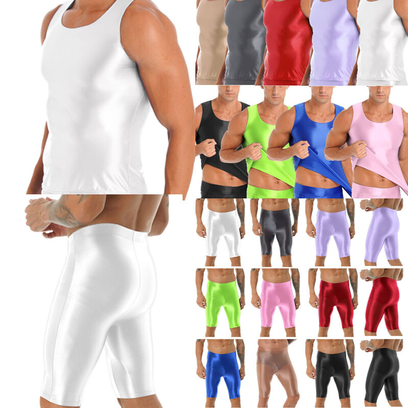 Mens Oily Glossy Tank Top High Waist Shorts Sets Shiny Sports Tights Swimwear gallery