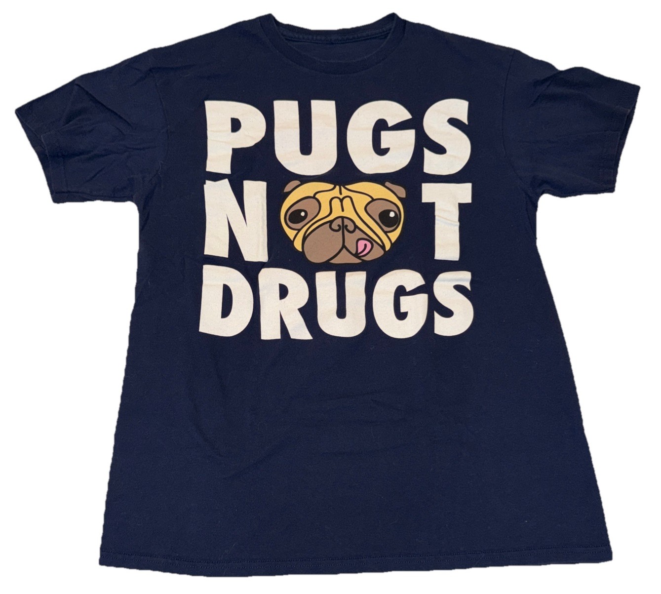Pugs Not Drugs Fruit Of The Loom Heavy Cotton Dark Blue Size M Humor T-Shirt