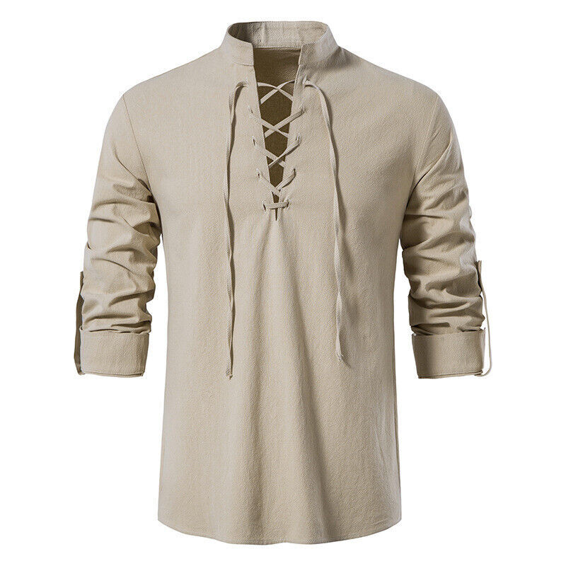 Men’s Casual Long Sleeve Henry Shirt Lace-Up Stand-Up Collar Cotton Linen Blouse