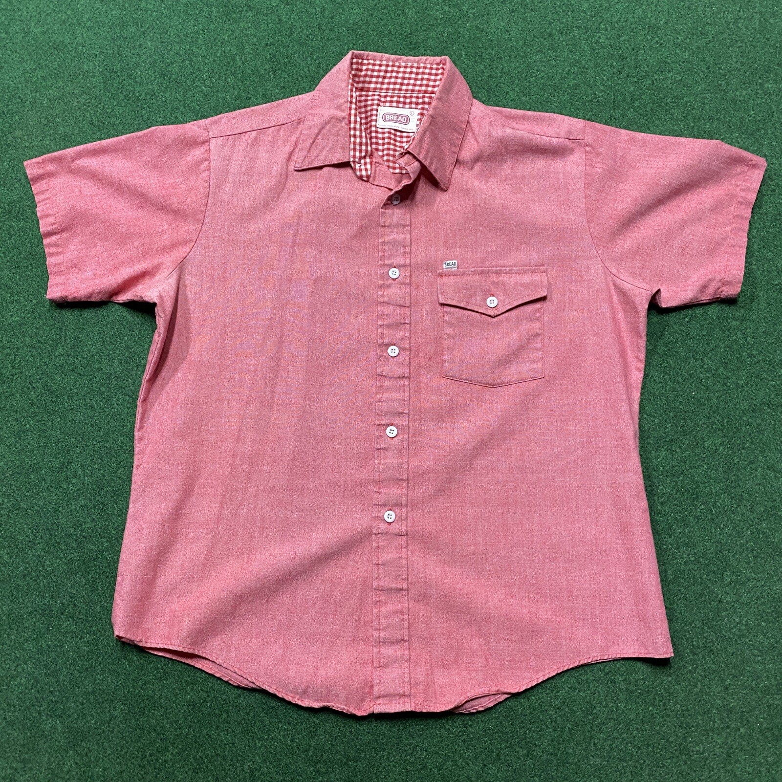 Vintage Bread Shirt Mens Large Pink 60S 70S USA MADE Button Up Pocket Tee