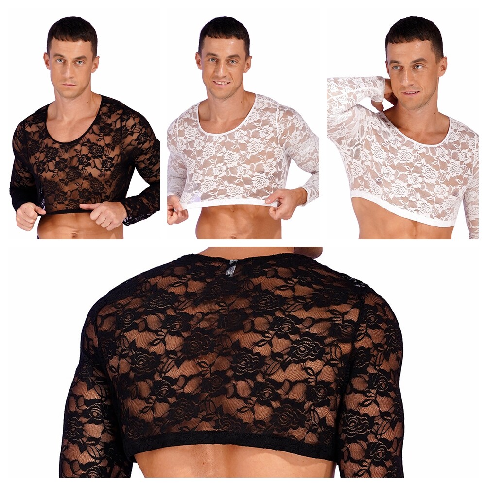 US Sissy Mens See Through Sheer Lingerie Lace Babydoll Crop Top T Shirt Clubwear gallery