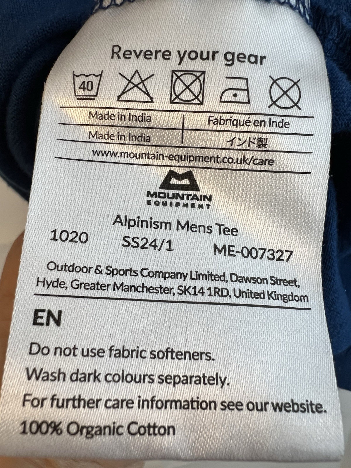 Mountain Equipment Alpinism Tee Organic Cotton Blue Graphic Logo XL Short Sleeve gallery