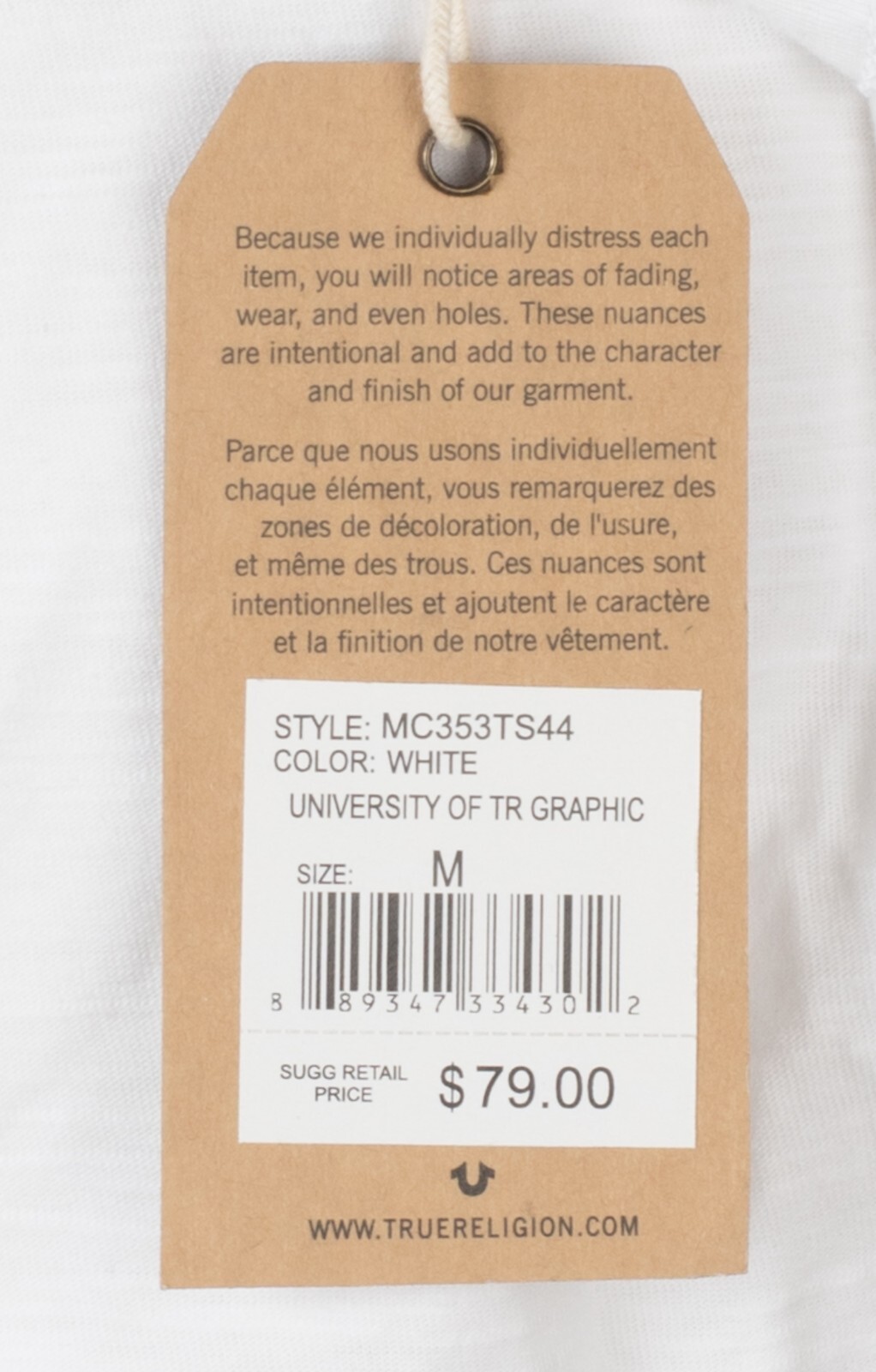$79 TRUE RELIGION White UNIVERSITY OF TR Short Sleeve Applique Graphic T-shirt gallery