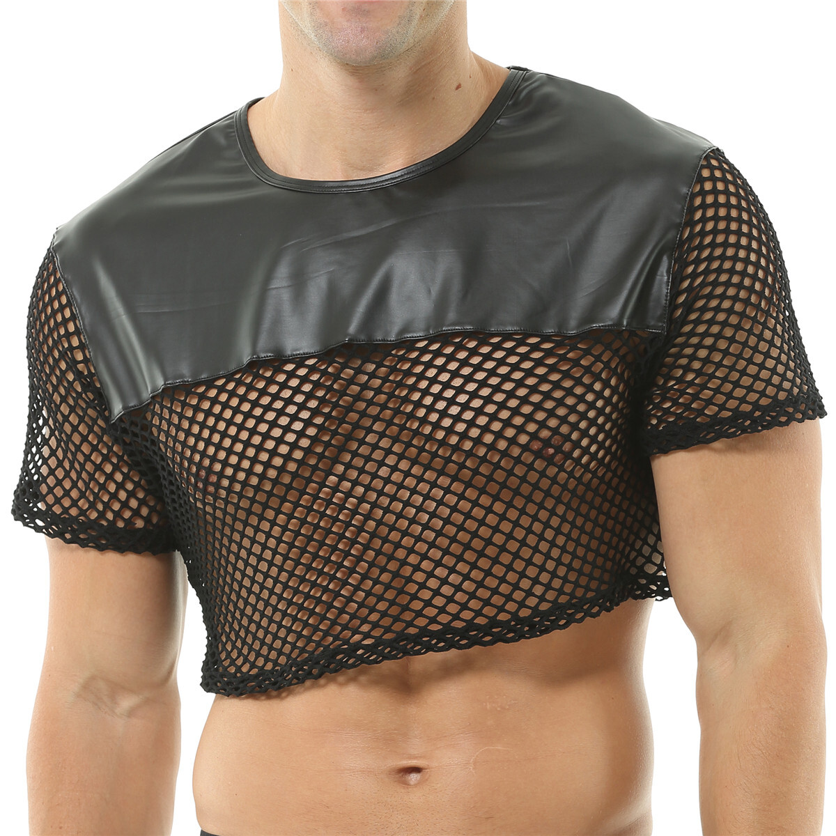 Men’s Breathable Short Sleeve T-shirts Fishnet Faux Leather Splicing Cropped Top