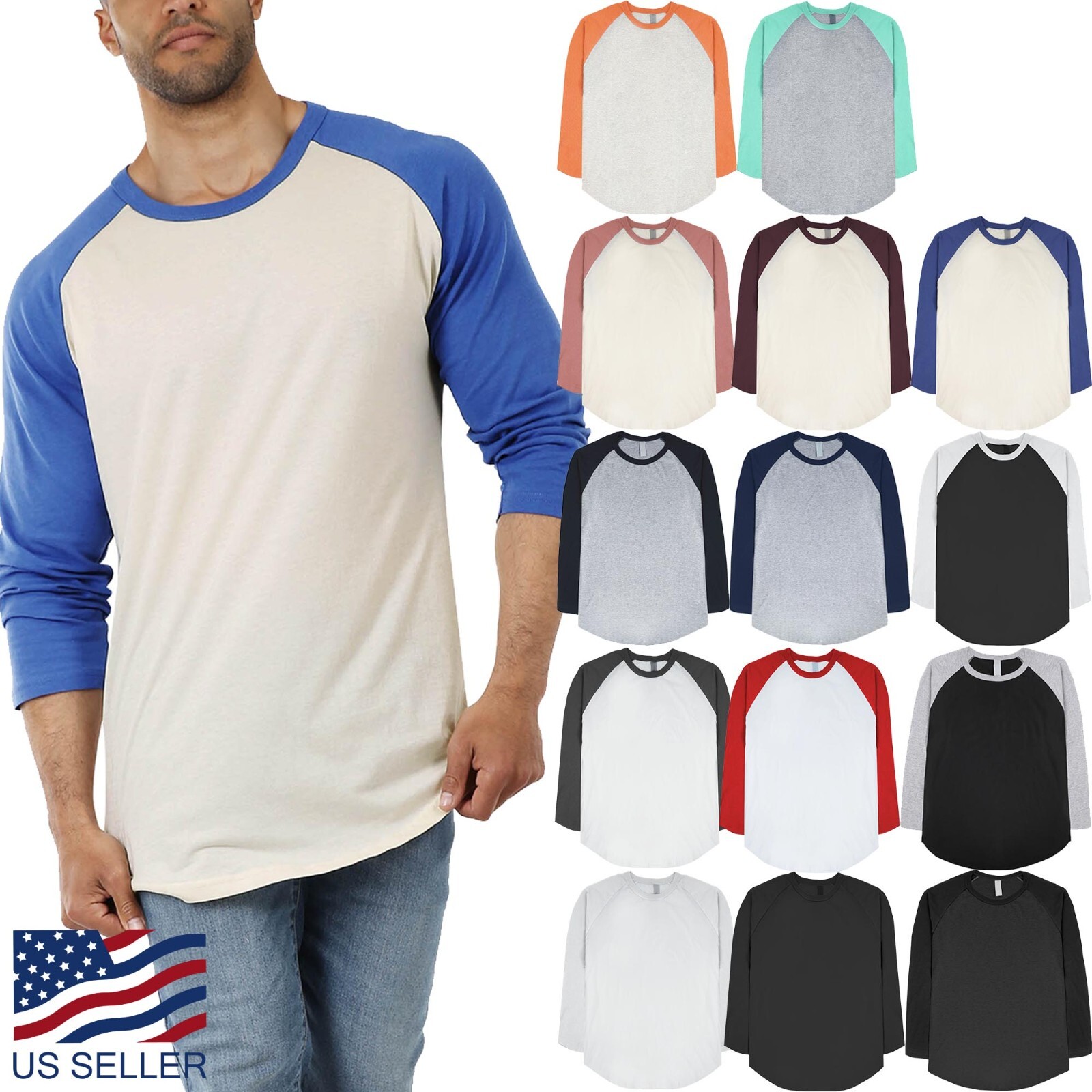 Mens Baseball RAGLAN T Shirts 3/4 Sleeve Tee Plain Team Sport Jersey Solid Casua gallery
