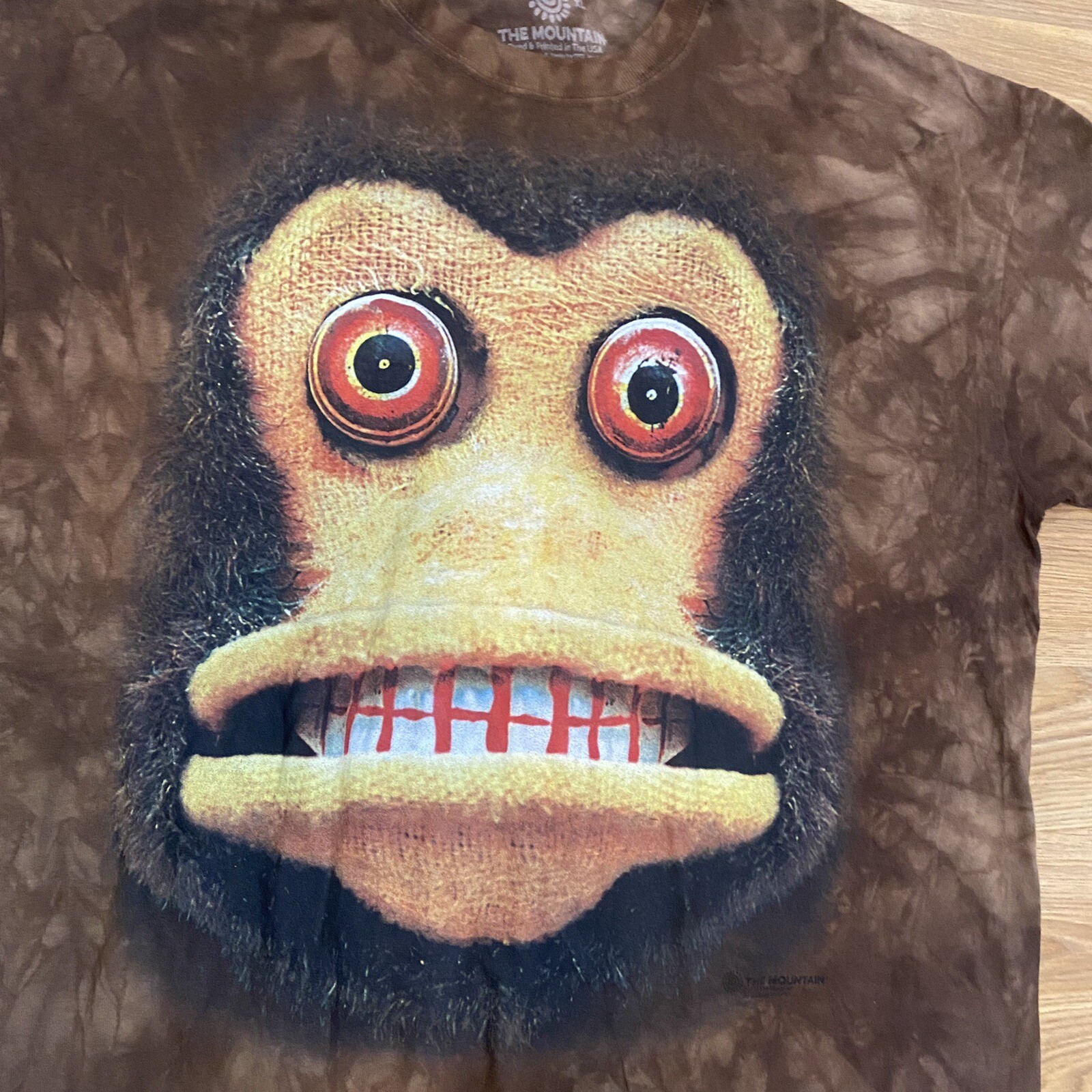 NWOT The Mountain Crazy Cymbal Monkey T Shirt Adult Size XL Tie Dye Brown gallery