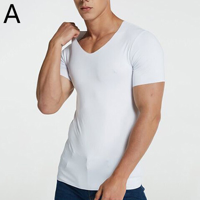 1PC Men Breathable Solid Color V Neck Tops Tees Ice Silk Tshirts Seamless M-5XL gallery