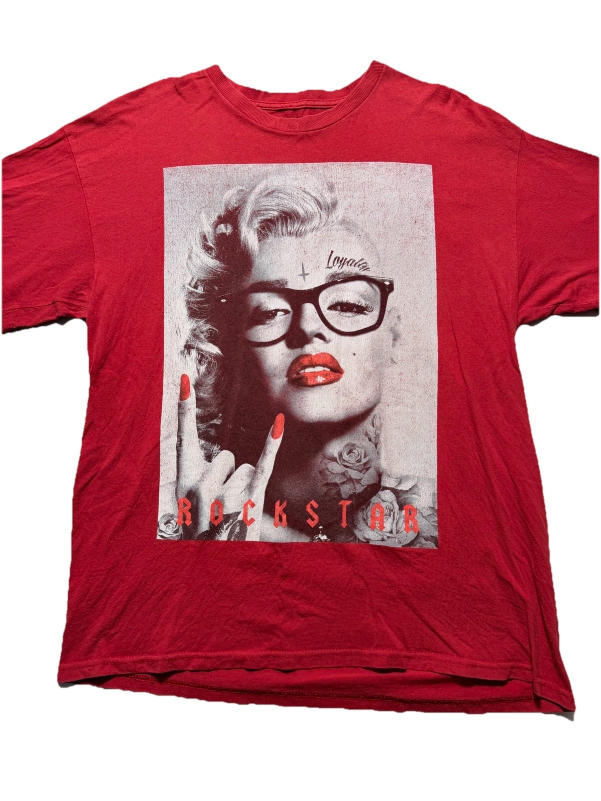 Y2K Rockstar XL Graphic Tee Red Edgy Tattoo Model Grunge Distressed Oversized gallery
