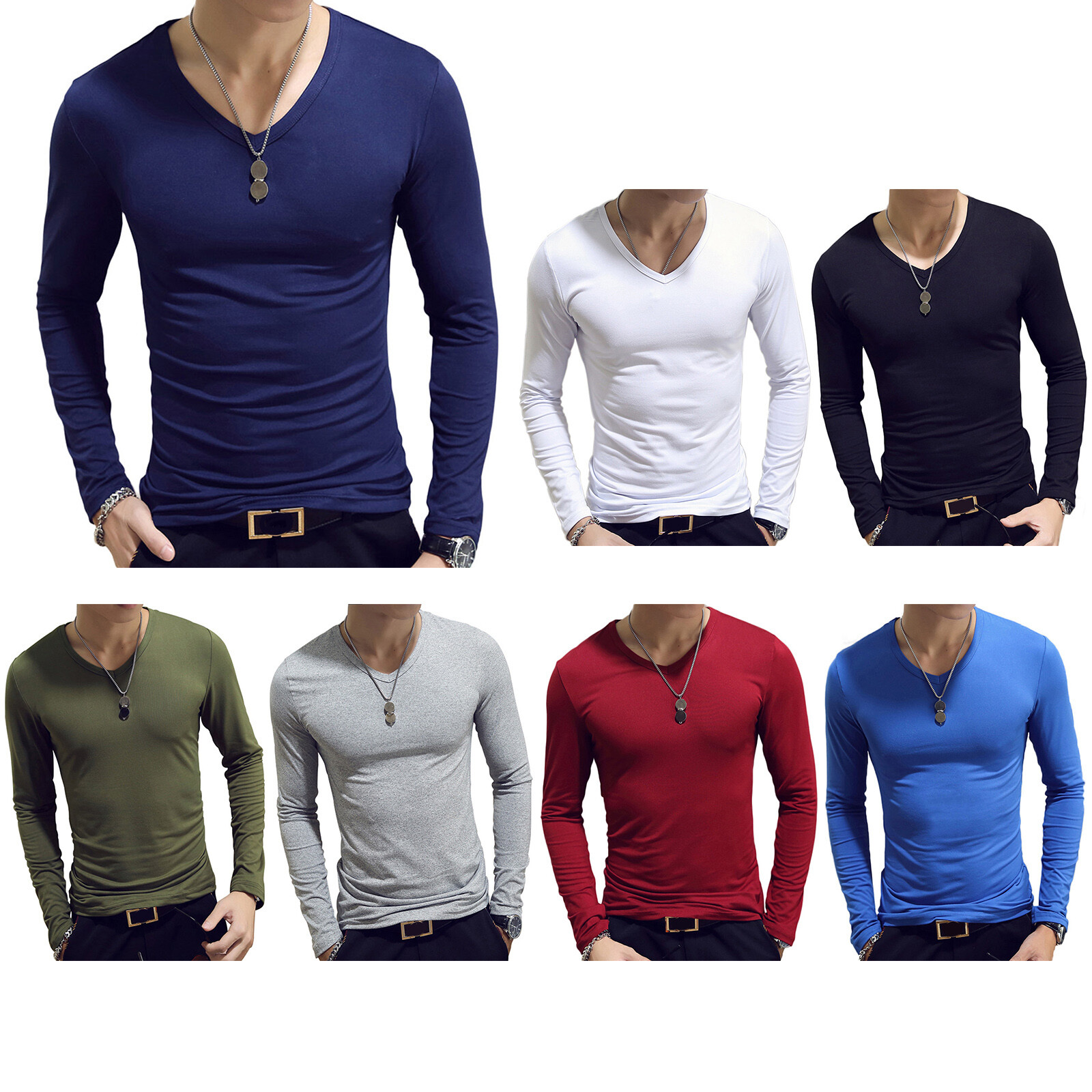 US Men V Neck Shirt Muscle Tops Slim Fit Long Sleeve Stretch T-Shirt Undershirts gallery